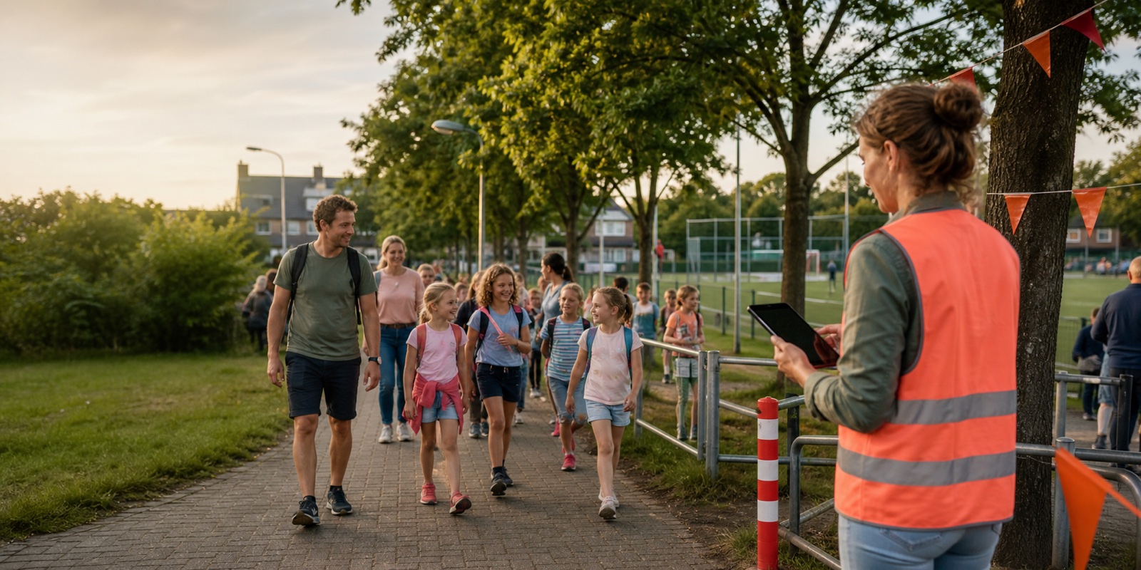 Kinderen en begeleiders arriveren bij een goed georganiseerde Avond4daagse-post