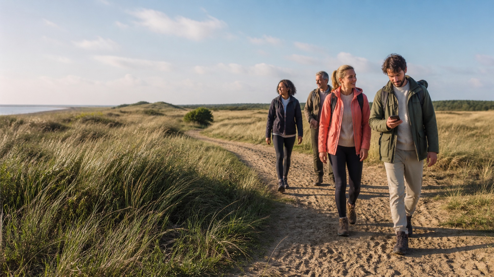 Wandelaars op een Nederlands duinpad bekijken samen hun route